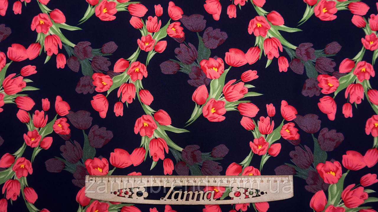 Тканина Софт колір темно-синій "Тюльпани", фото 1