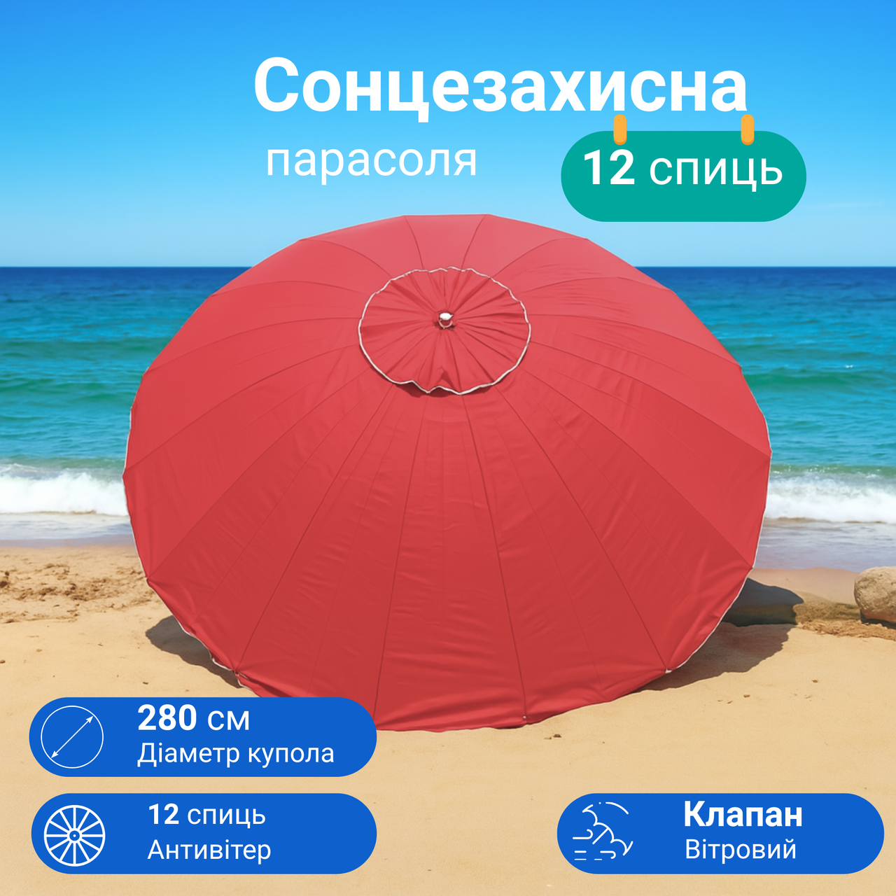 Парасоля торгова кругла 2,8 м 12 спиць метал поліестер з напиленням клапан червона