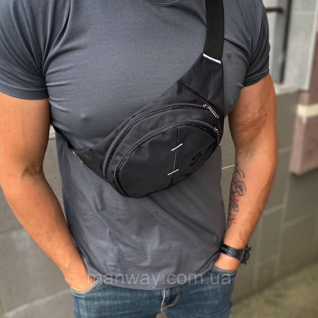 Сумка поясна нагрудна бананка чорний колір спортивна сумка через плече Найк Nike