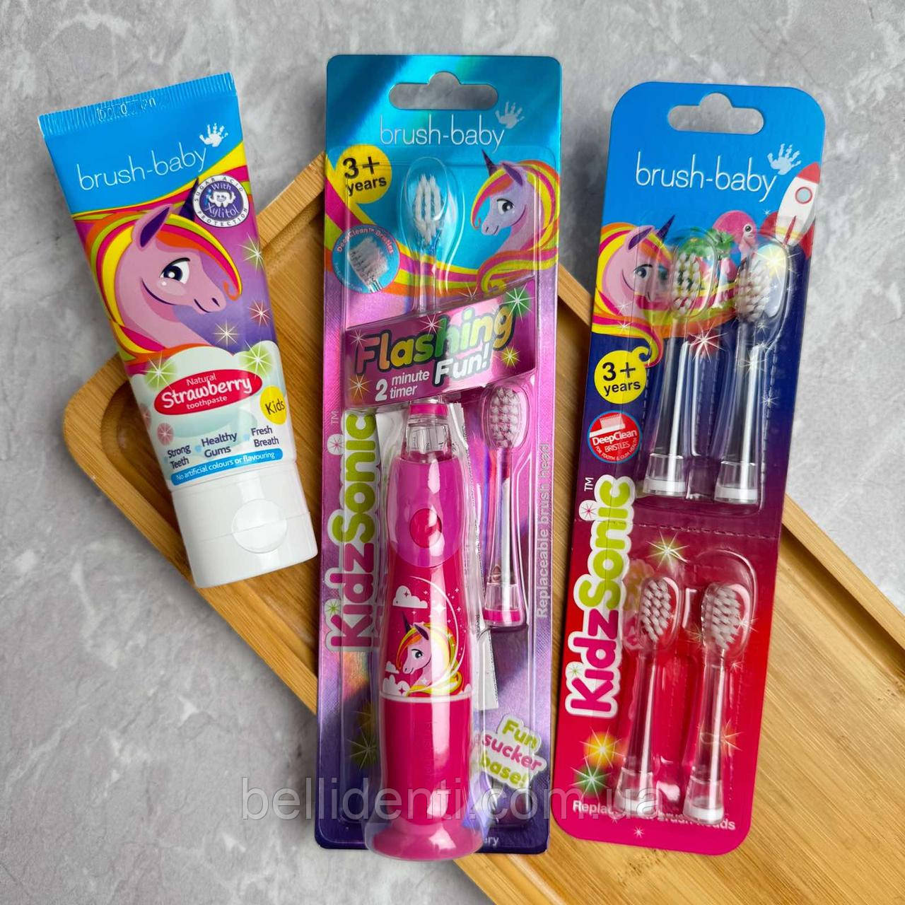 Набір Brush-Baby KidzSonic від 3 до 12 років (електрична щітка, зубна паста, запасні насадки), єдиноріжка