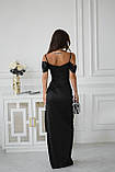 Жіноча вечірня атласна сукня максі зі спущеними рукавами на бретелях та драпіруванням у зоні декольте, фото 2