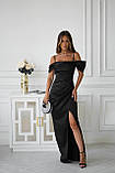 Жіноча вечірня атласна сукня максі зі спущеними рукавами на бретелях та драпіруванням у зоні декольте, фото 4