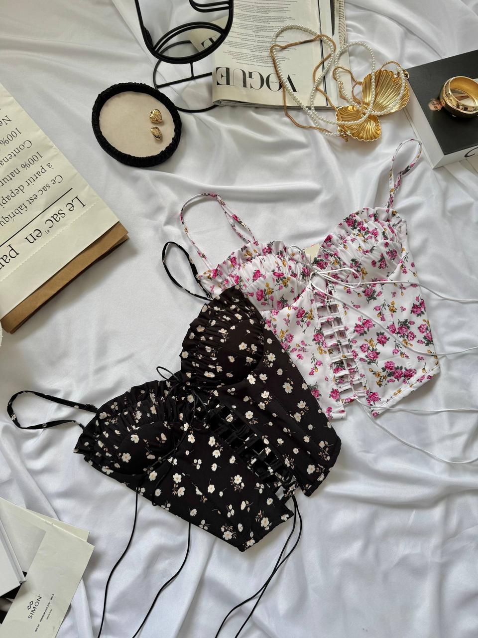 Жіночий базовий святковий літній лонг топ корсет з бретелями софт шнурівка на грудях квітковий принт, фото 1