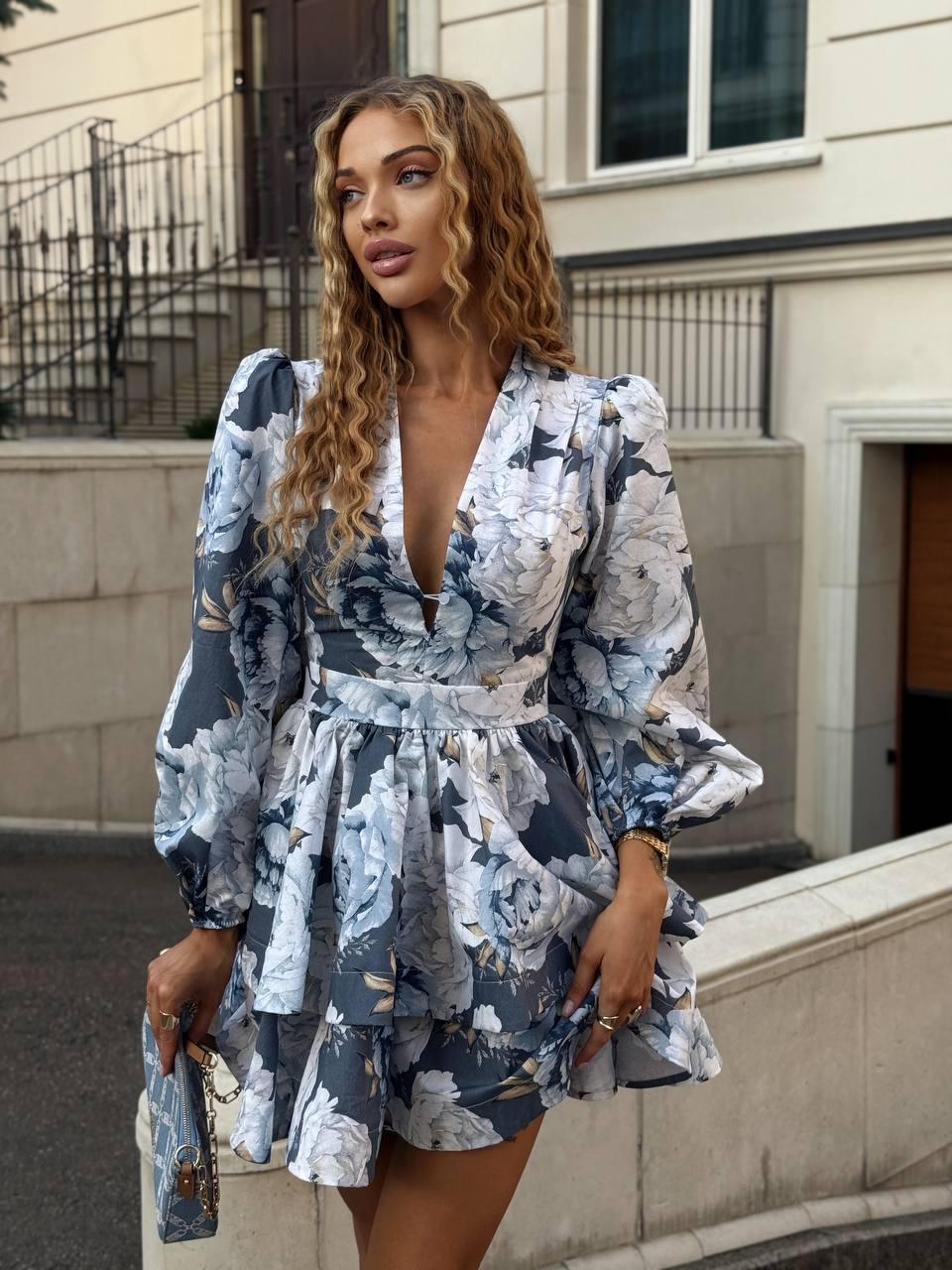 Жіноча літня бавовняна сукня з квітковим принтом та об'ємними рукавами, фото 1