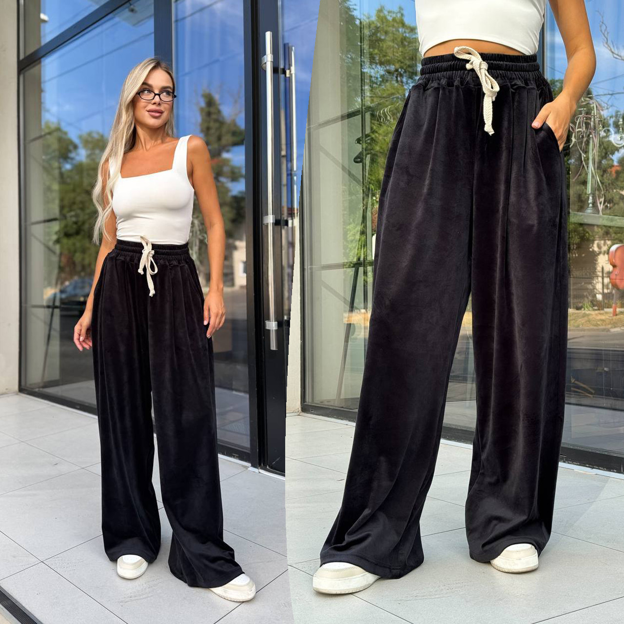 Чорні жіночі велюрові штани оверсайз, фото 1