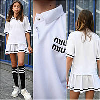 Белый детский летний костюм для девочки футболка поло и юбка клеш на 6,7,8,9,10 лет. miu miu костюм на девочку