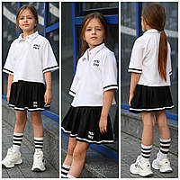 Детский школьный костюм для девочки белая футболка поло и черная юбка клеш на 6,7,8,9,10 лет. miu miu
