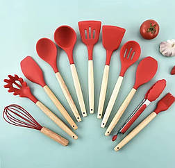 Набір кухонного силіконового приладдя 13 предметів Zepline ZP-053 червоний з деревяною ручкою