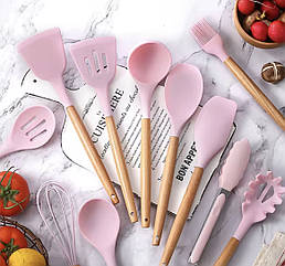 Набір кухонного силіконового приладдя 13 предметів Zepline ZP-053 рожевий з деревяною ручкою