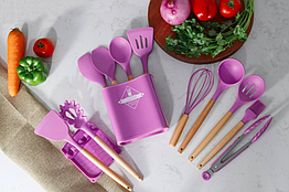 Набір кухонного силіконового приладдя 13 предметів Zepline ZP-053 фіолетовий з деревяною ручкою
