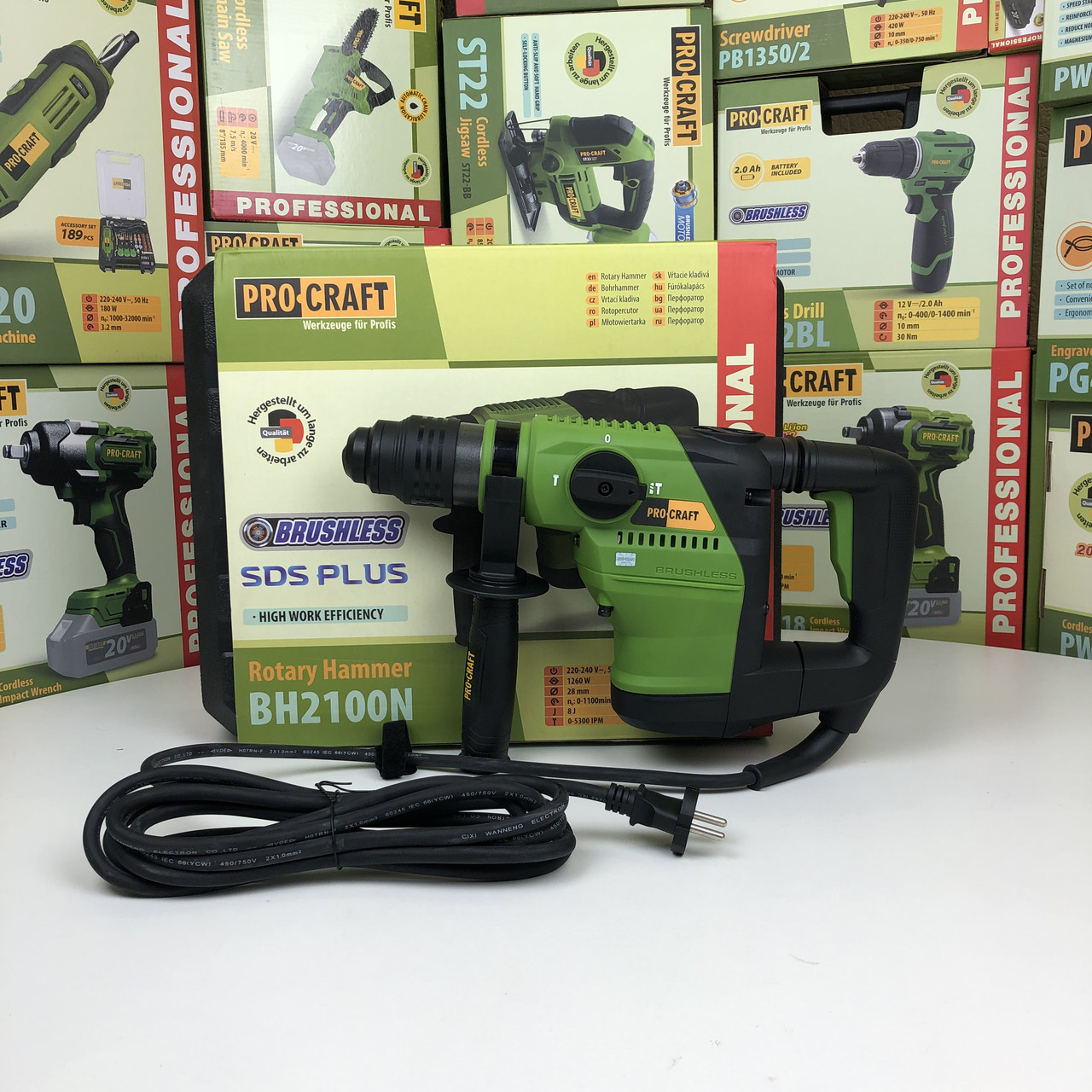 Безщітковий бочковий перфоратор Procraft BH2100N (1260 Вт, 8 Дж, SDS PLUS) у кейсі. Перфоратор Прокрафт BH2100N, фото 1