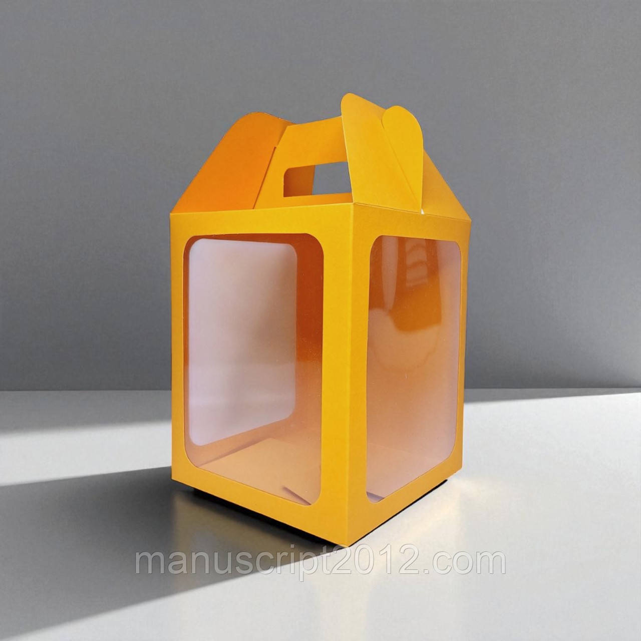Коробки для паски, куліча, панетона, пряникового будиночка (165х165х200мм.) з трьома вікнами помаранчева, фото 1
