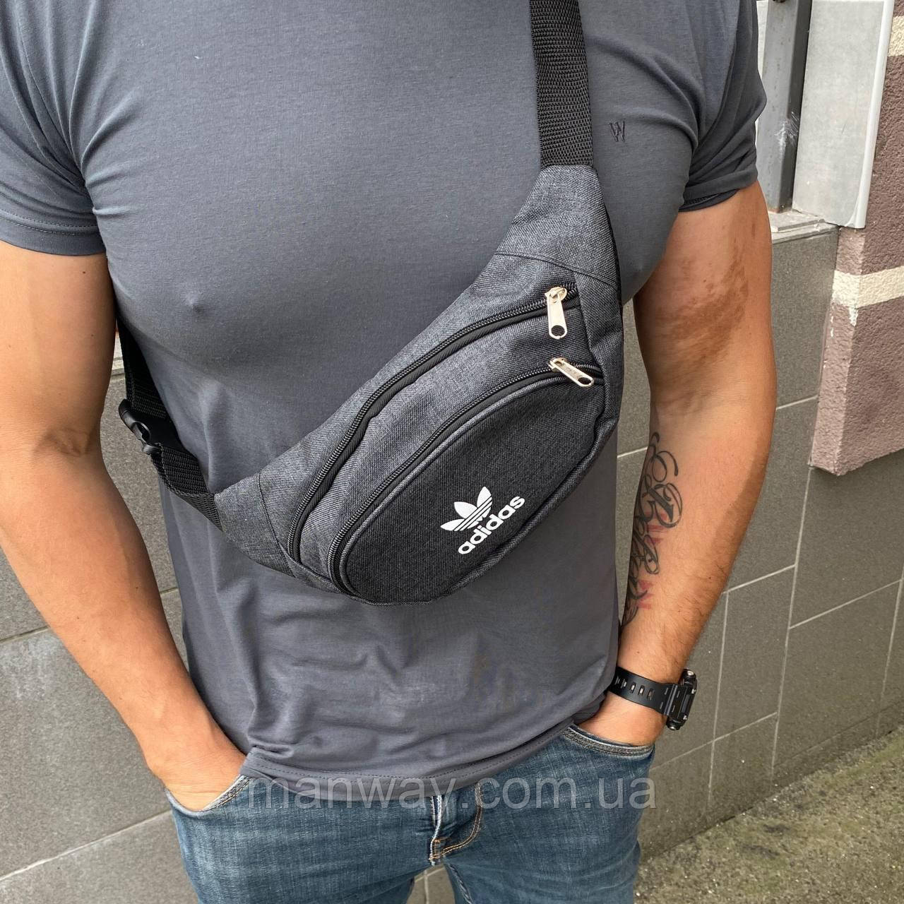 Сумка на пояс бананка нагрудна через плече спортивна сіра Адідас Adidas