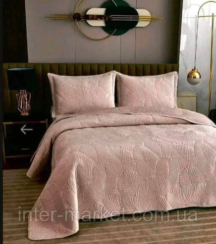 Велюрове покривало з наволочками 50х70 Монстера 200*230см. Стьобане бежеве покривало Стильне покривало, фото 1