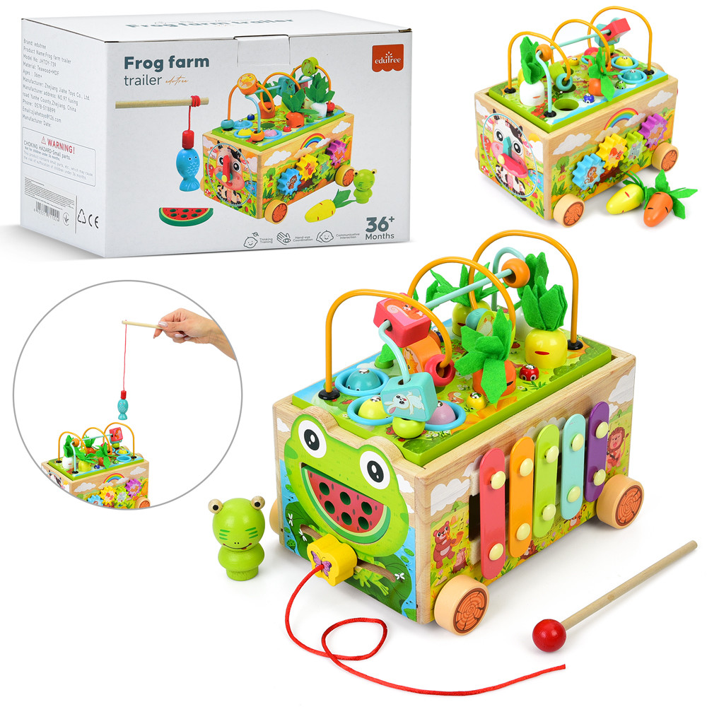 Дерев'яна іграшка Центр розвиваючий MD 0729 (12шт) каталка на шнурі, ксилофон, риболовля, город/морква, в, фото 1