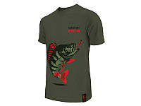 Футболка для рибалки чоловіча темно-зелена з принтом окуня Delphin Catch Me If You Can розмір L для риболовлі та повсякденного