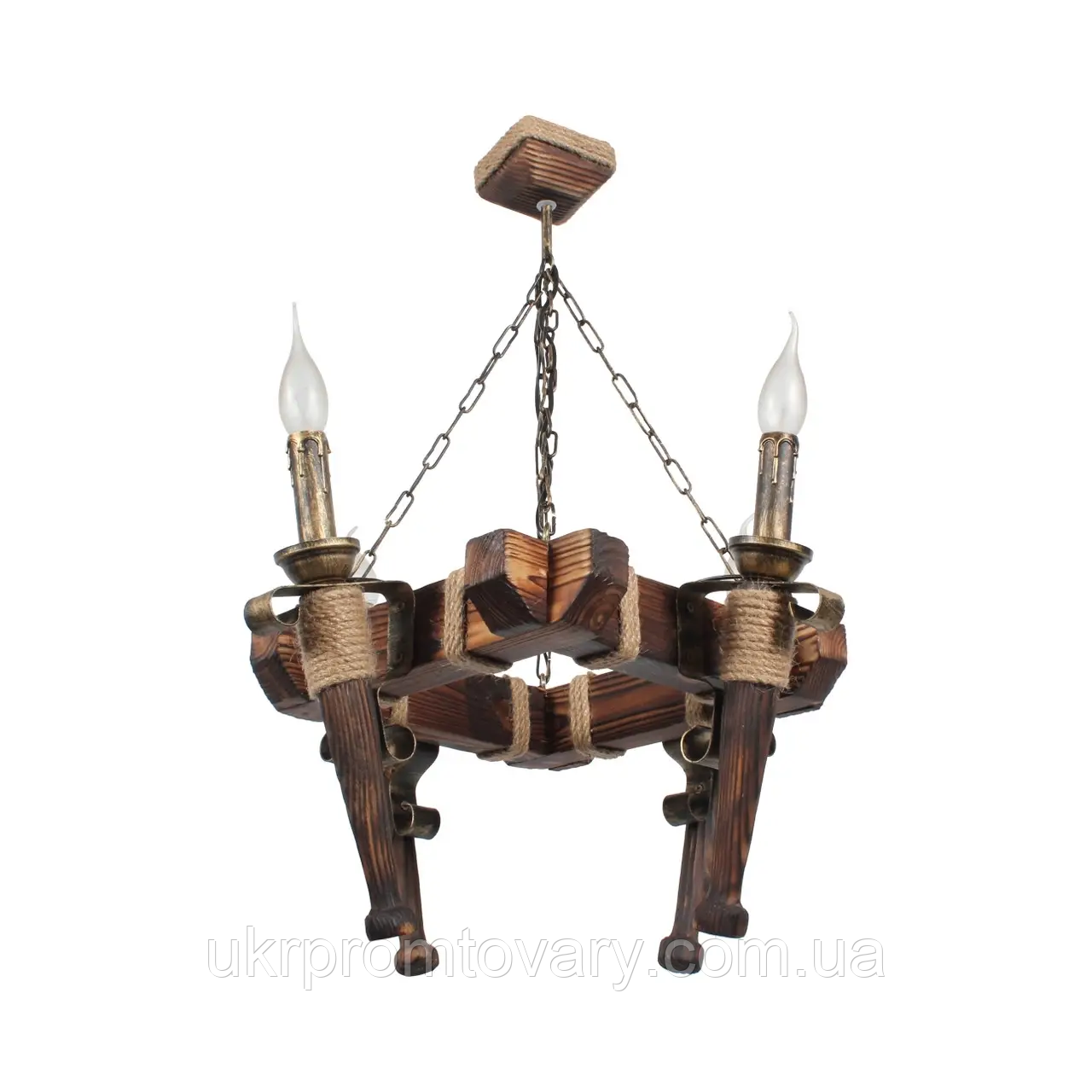 Люстра дерев'яна квадрат на ланцюги (4 факела) в альтанку, альтанку, сауну, будинок — у Києві, Україні, доставка