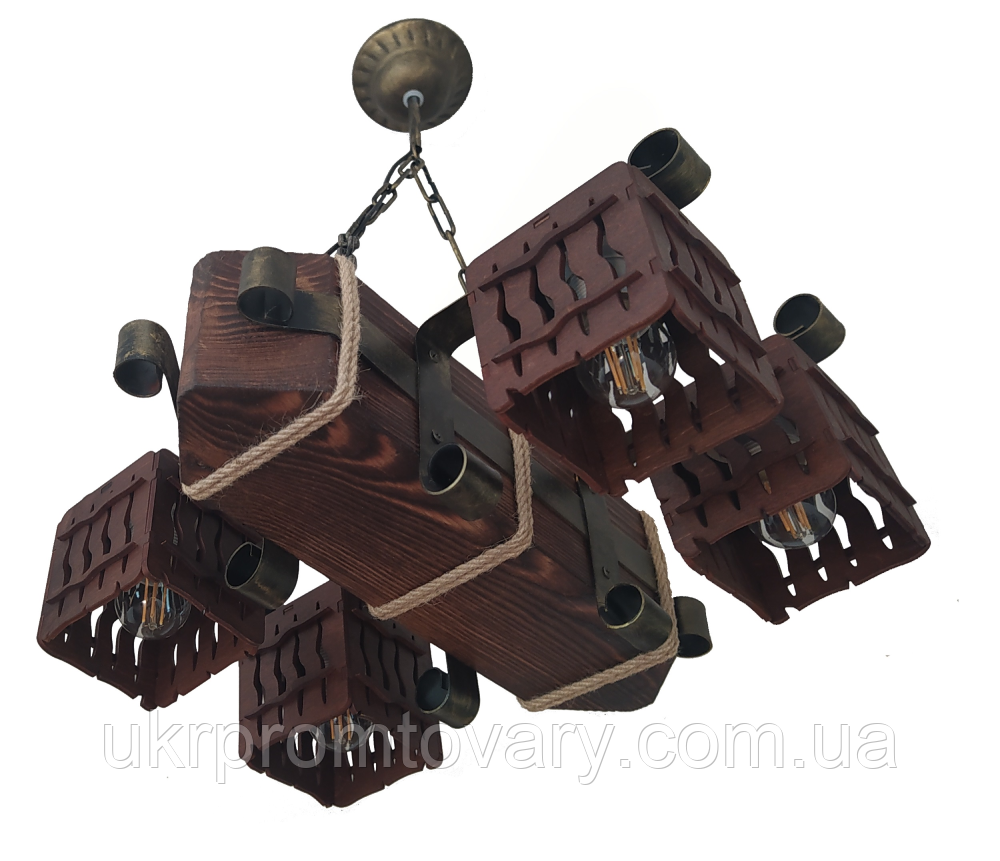 Люстра дерев'яна балка на ланцюги (4 плафони) в альтанку, альтанку, сауну, будинок — у Києві, Україні, доставка