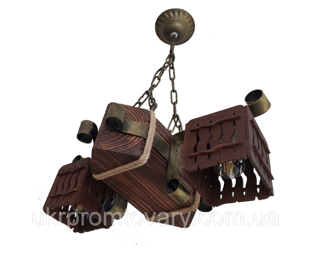 Люстра дерев'яна балка на ланцюги (2 плафони) в альтанку, альтанку, сауну, будинок — у Києві, Україні, доставка