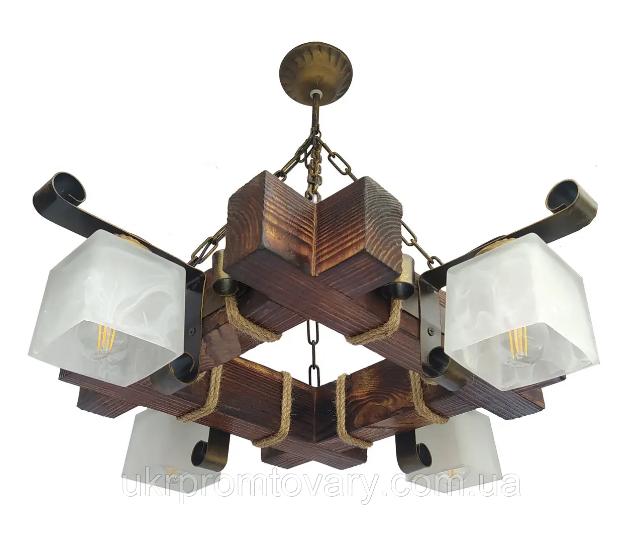 Люстра дерев'яна квадрат на ланцюгу (4 плафони) в альтанку, альтанку, сауну, будинок — у Києві, Україні, доставка