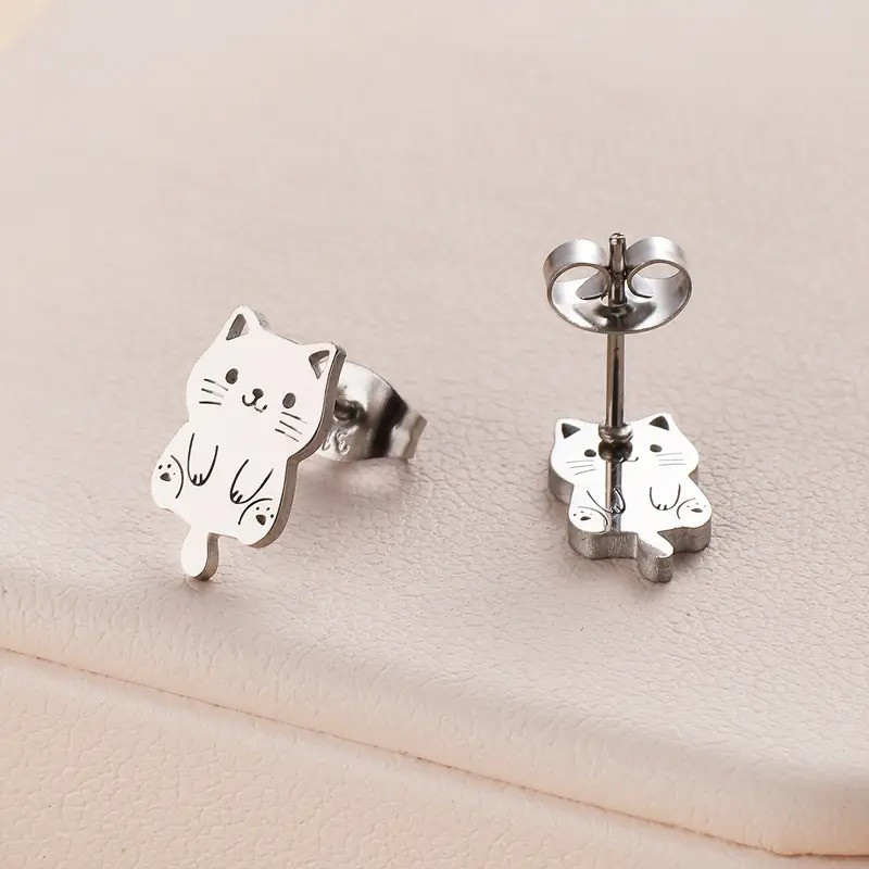 Сережки сріблясті з нержавіючої сталі з котом для жінок мультяшний дизайн 1.2 см LuxAurum301, фото 1