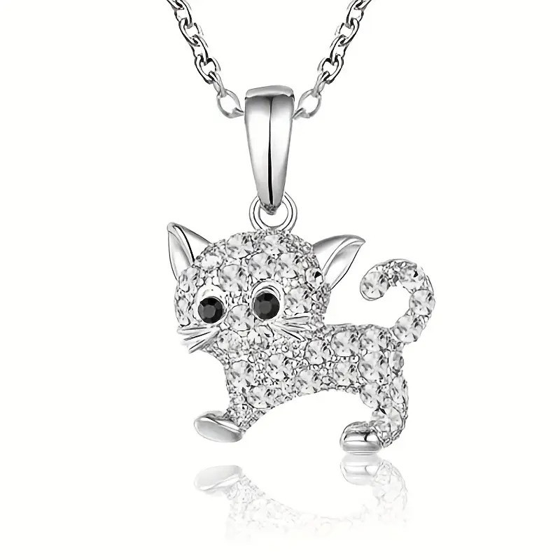 Кулон сріблястий на ланцюжку мультяшний кіт з білими кристалами 2.2 см 45+5 см LuxAurum306, фото 1
