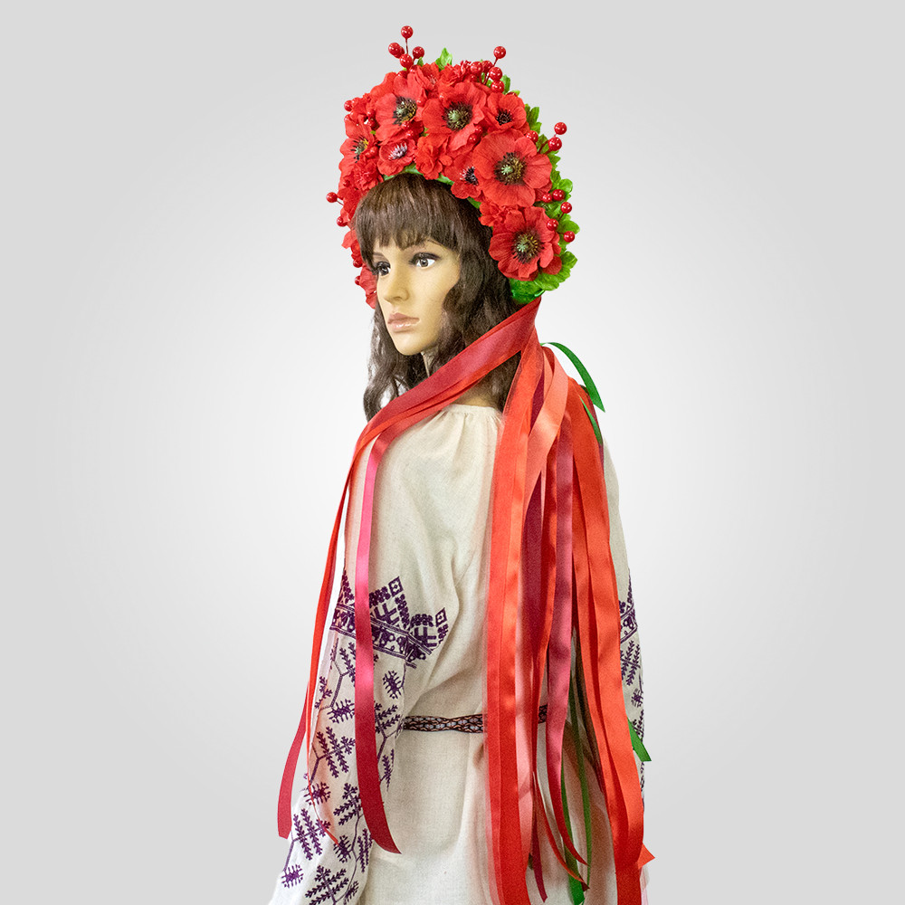 Український вінок високий зі стрічками на голову Стефанія 13699, фото 1