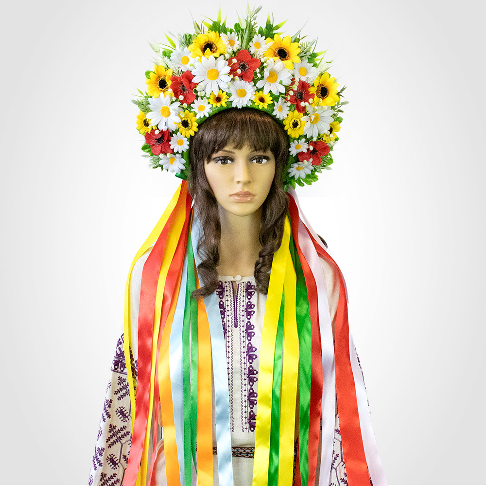 Український вінок високий зі стрічками на голову Зореслава 13696, фото 1