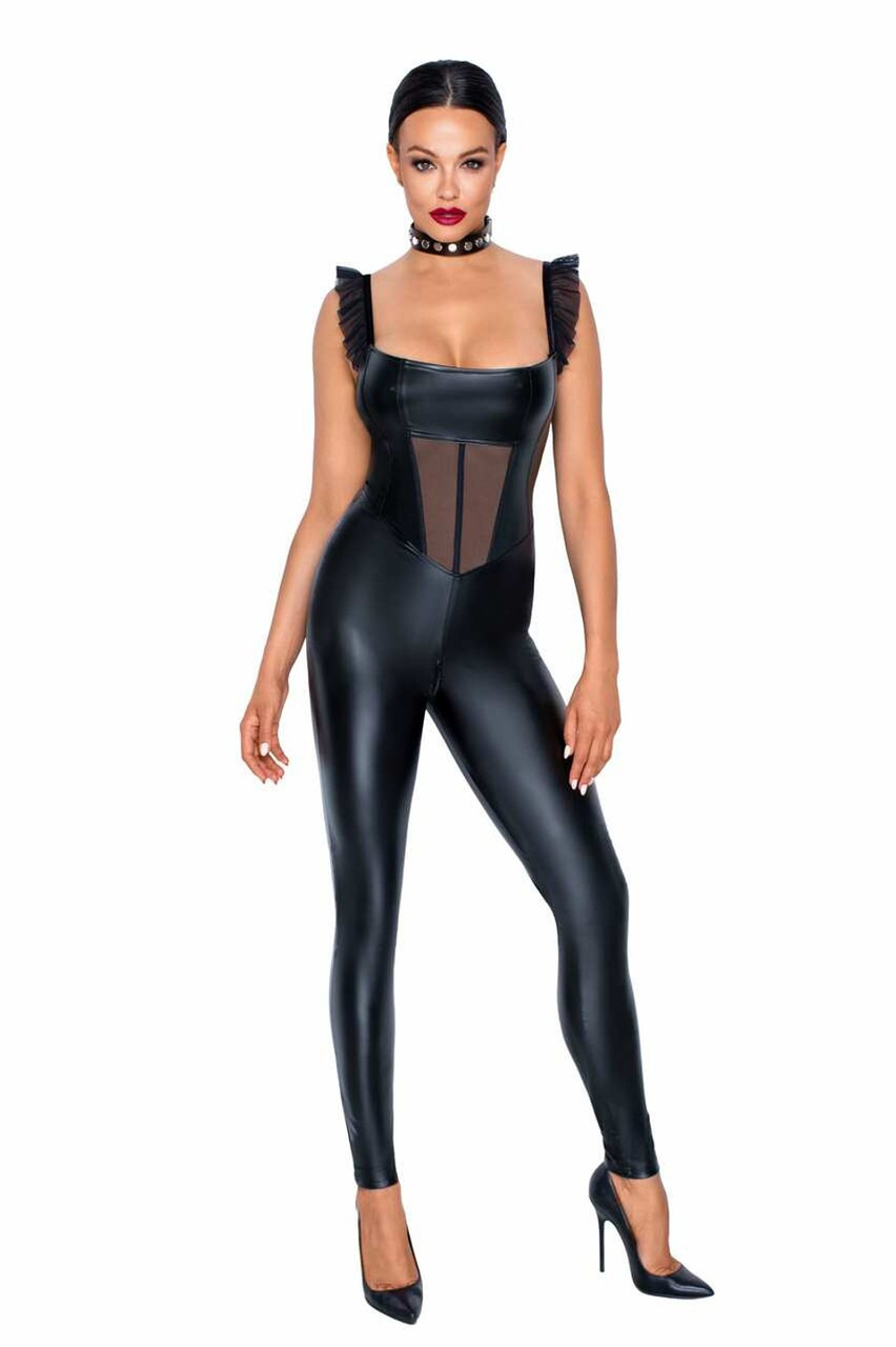 Бодістокінг з вінілу із вставкою із сітки чорний Noir Handmade модель F256 розмір S Talla, фото 1