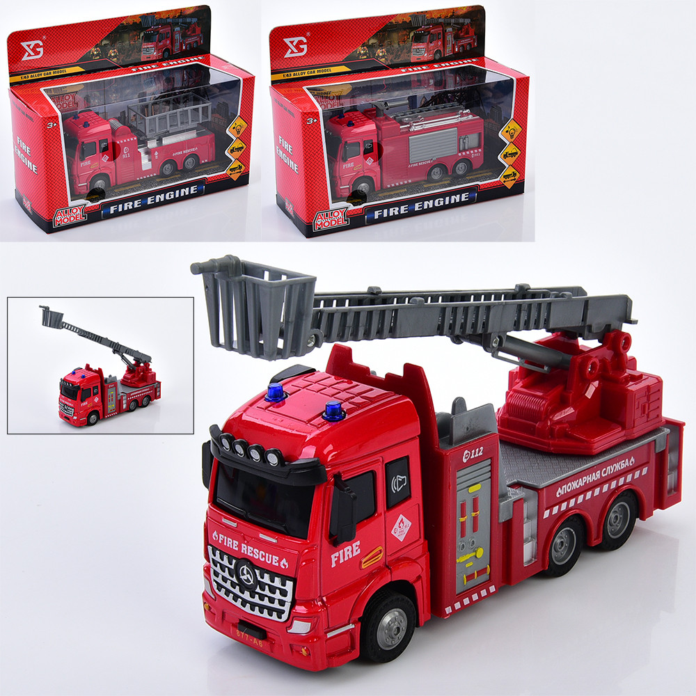 Пожежна машина метал, інерц, 1:43, 16см, звук, світло, рухливі деталі,гумові колеса, 3 види, на бат(табл), в кор-ці, 23-17,5-8,5см, фото 1