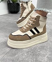 Жіночі кросівки-хайтопи зимові на хутрі модні молодіжні бежеві екошкіра 38