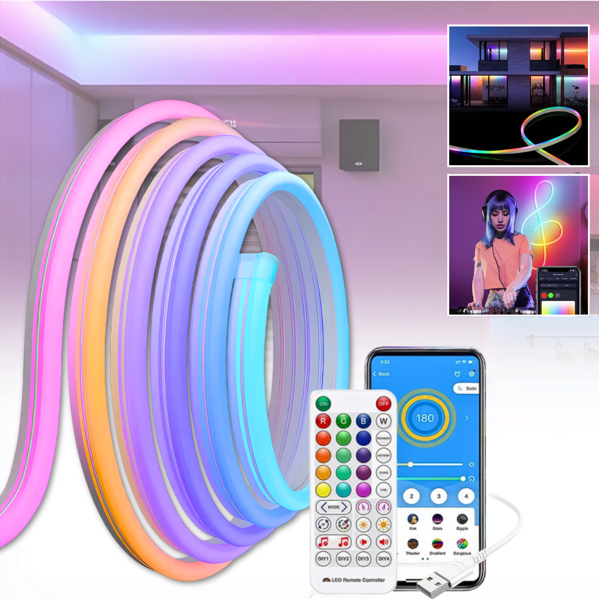 Світлодіодна стрічка 10 мз пультом та керуванням через додаток LED Neon RGB USB, фото 1