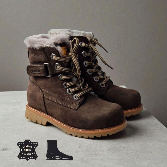 Дитячі зимові шкіряні коричневі ортопедичні черевики на хутрі з супінатором 26 розмір, фото 1