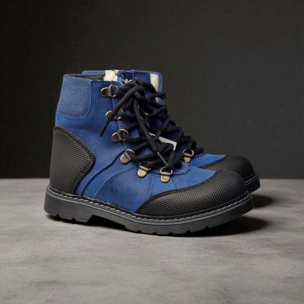 Дитячі зимові шкіряні ортопедичні черевики на хутрі з супінатором синього кольору 32 розмір, фото 1