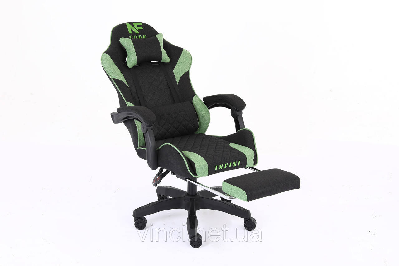 Крісло комп'ютерне із тканини + 2 подушки + підніжка Infini Core ЧОРНО-ЗЕЛЕНЕ, фото 1