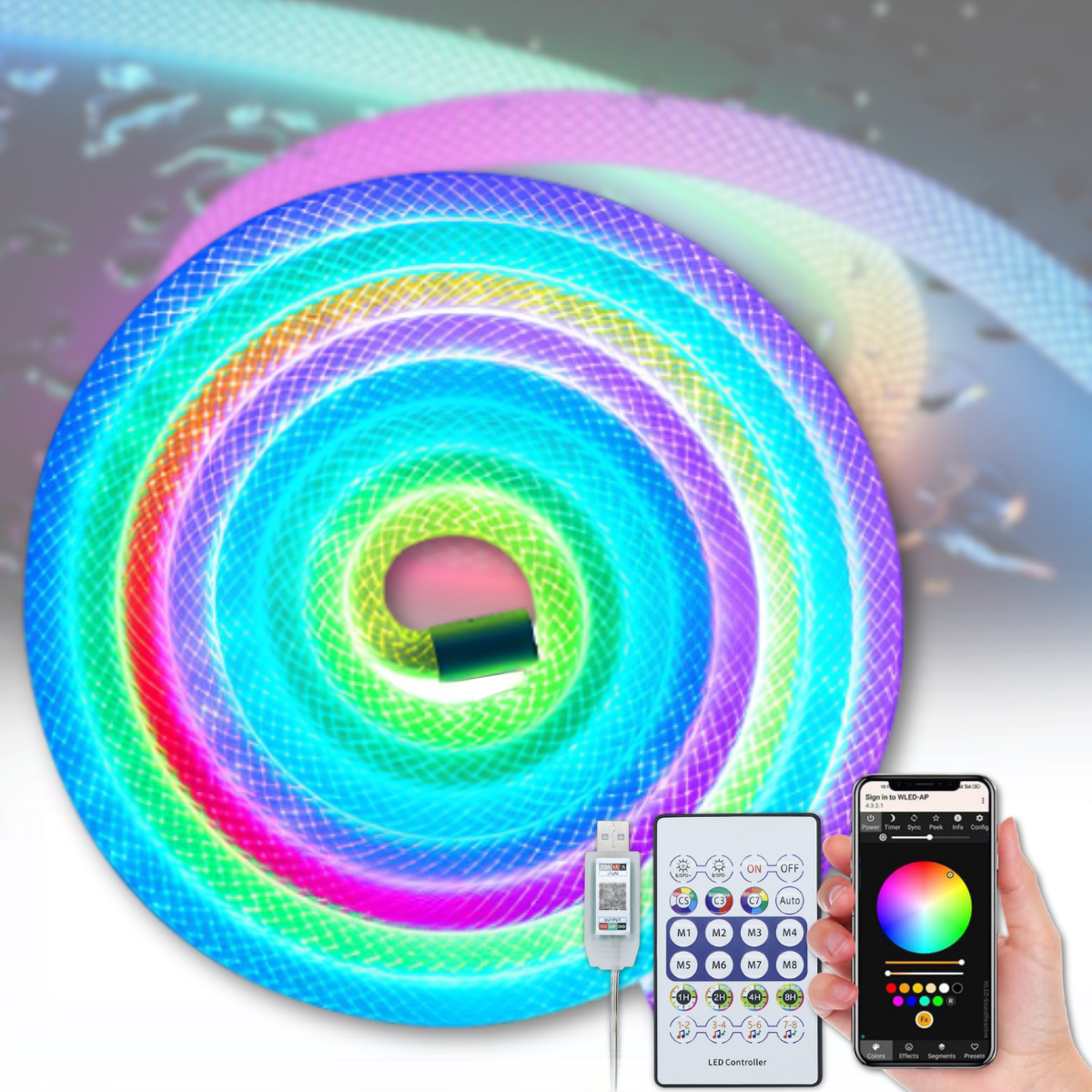 Неонова LED RGB стрічка 5 м з лускатим покриттям та керуванням через додаток, пульт, фото 1