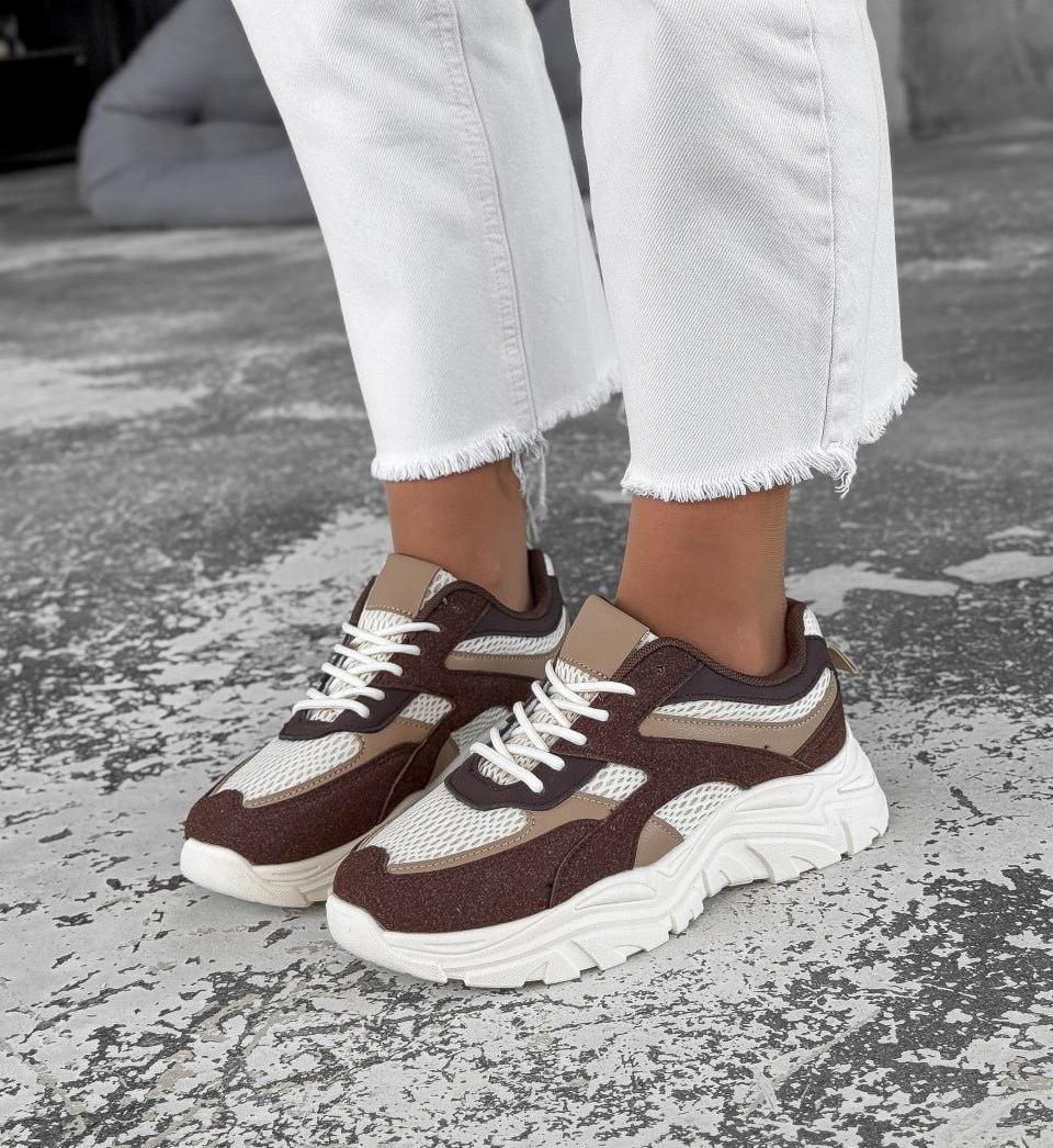 Жіночі кросівки з сіткою і замшею молодіжні коричнево-бежеві натуральна замша+сітка