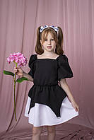 Стильное школьное платье для девочки черного цвета с белой оборкой