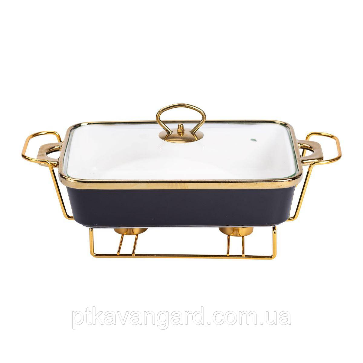 Марміт керамічний зі скляною кришкою 35.5х19х15.5 см на металевій підставці 1,5 л Чорний HTJ-1002, фото 1