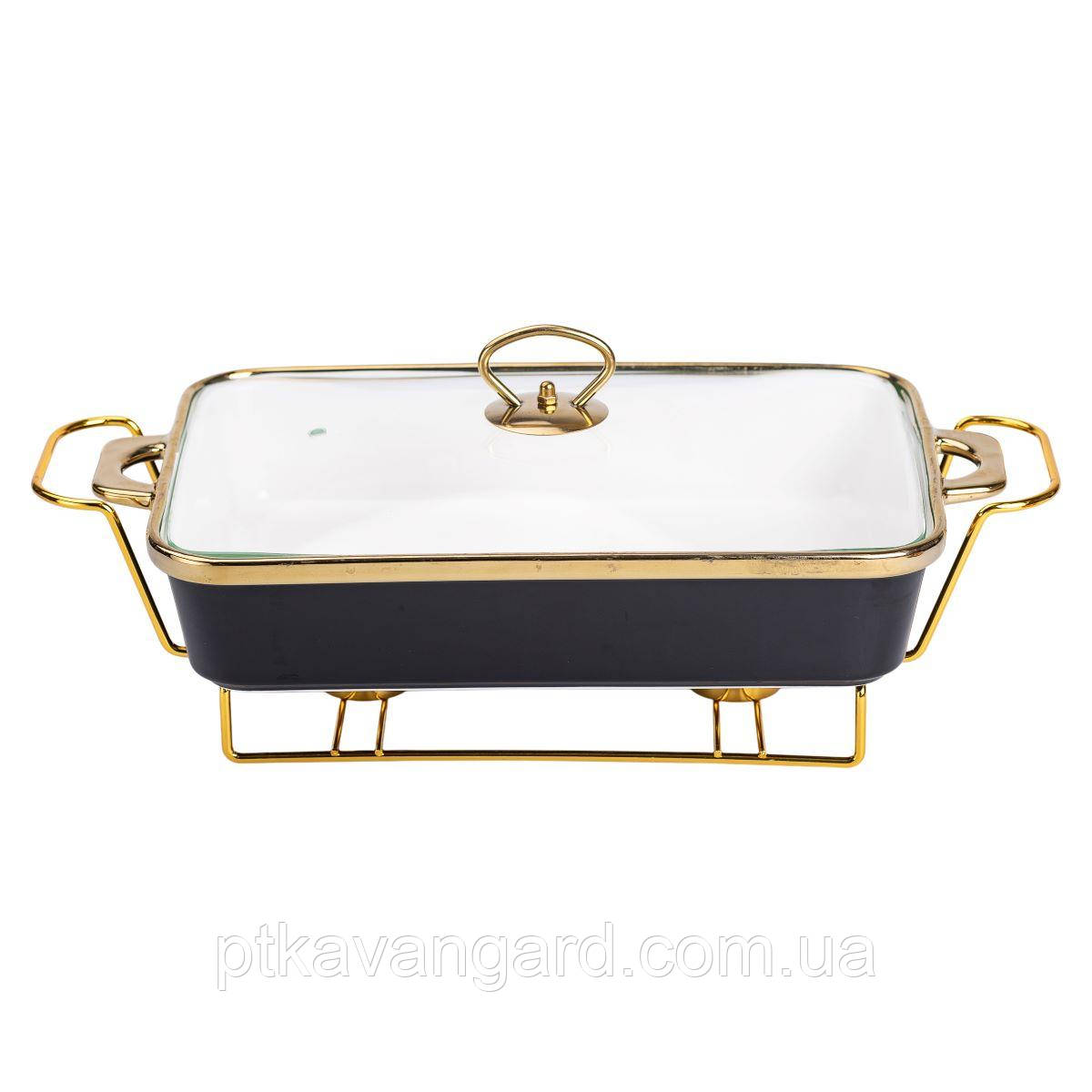 Марміт керамічний із скляною кришкою 40х22.5х15.5 см на металевій підставці 2 л Чорний HTJ-1003, фото 1