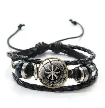 Браслет агісхьяльм шолом жаху Рунічний компас амулет оберіг з вікінгів чорний шкіряний, фото 1