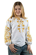 Вишиванка для дівчинки білого кольору з жовтим квітковим орнаментом гладдю і пишними рукавами 110–164 см, фото 5