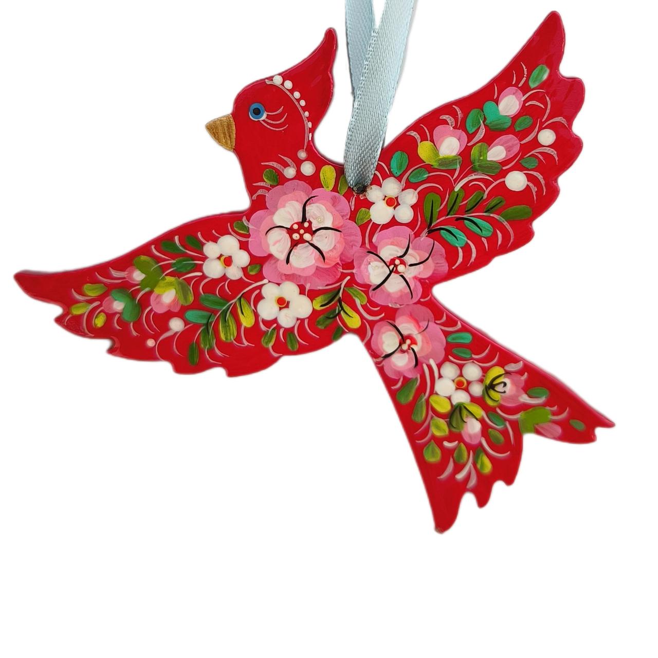 Дерев'яна підвіска " Фенікс-Червоний з рожевими квітами" 11*9 см., з петриківським розписом, іграшка на ялинку ручної роботи
