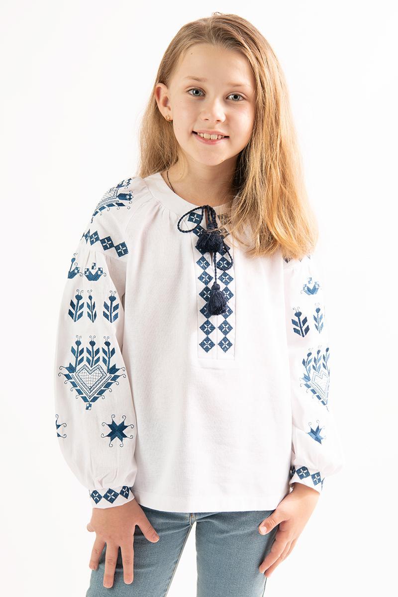 Вишиванка для дівчинки з геометричною синьою вишивкою хрестиком довгий рукав 110–164 см