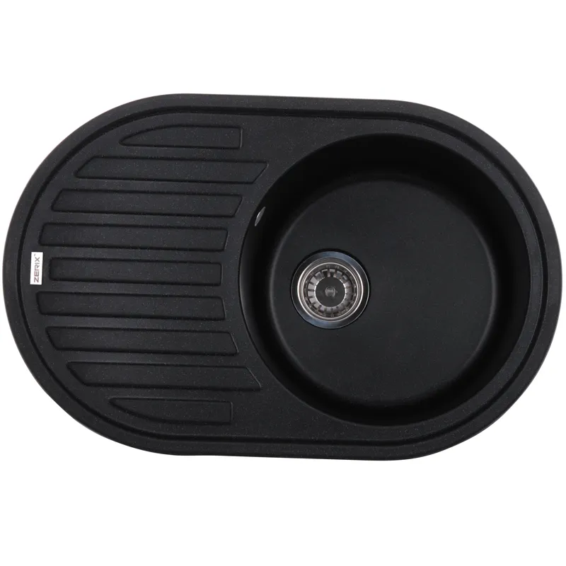 Кухонна мийка ZERIX ZS-7750R-03 чорна, гранітна, 760 мм, з крилом для посуду (ZX4556)