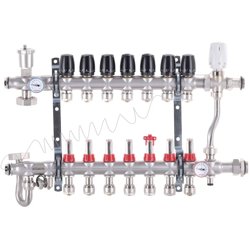 Колектор KOER KR.S1013-7 для теплої підлоги, 7 контурів, SUS304, 1"х7, євроконуси 3/4-16 (KR2950)
