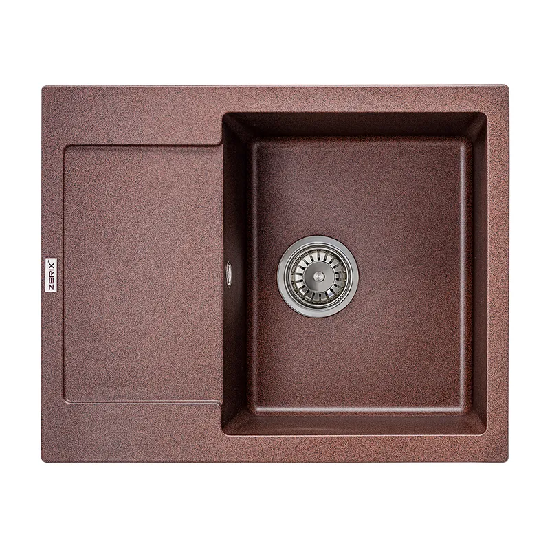 Гранітна мийка ZERIX ZS-6250S-12 коричневе, 1 чаша, 620 мм, з крилом для посуду (ZX4592)