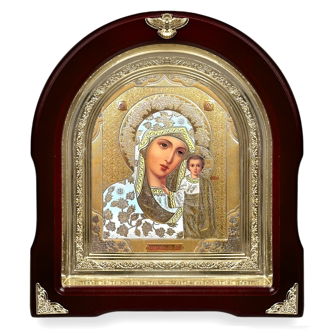 Ікона Пресвята Богородіца Казанська, лік 15х18 см, у темному дерев'яному кіоті, арка, фото 1