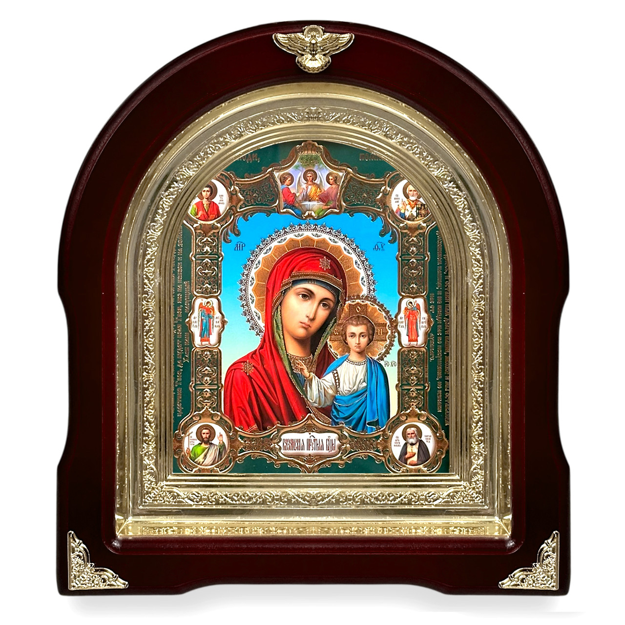Ікона Пресвята Богородиця Казанська, лік 15х18 см, у темному дерев'яному кіоті, арка, фото 1