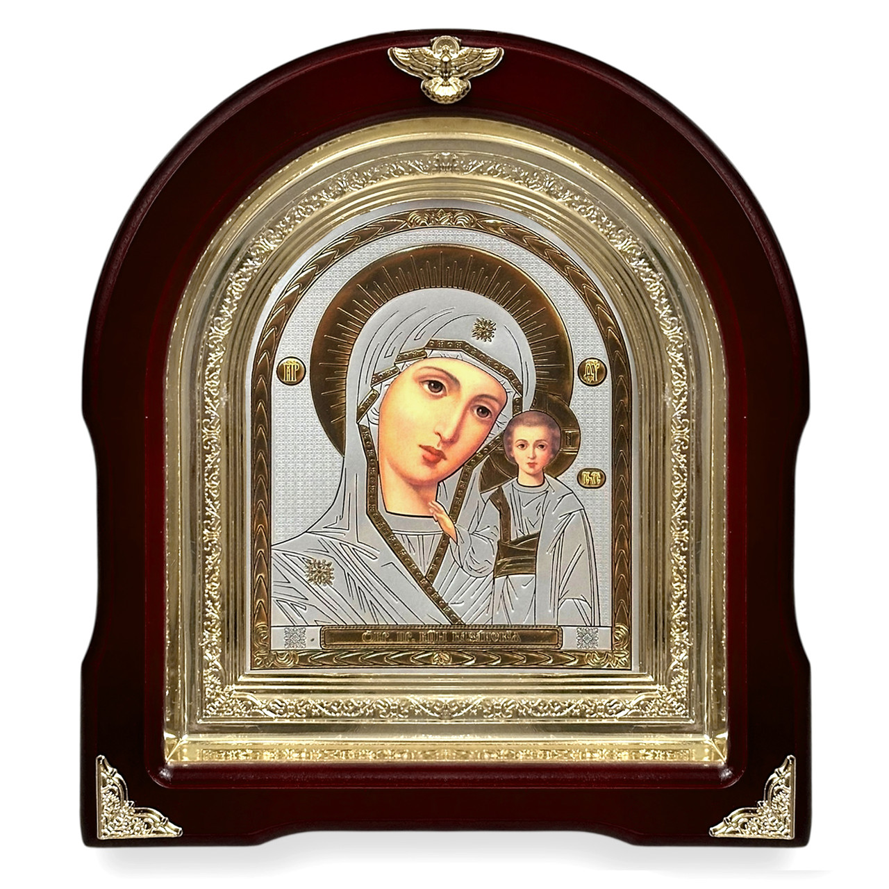 Ікона Пресвята Богородіца Казанська, лік 15х18 см, у темному дерев'яному кіоті, арка, фото 1